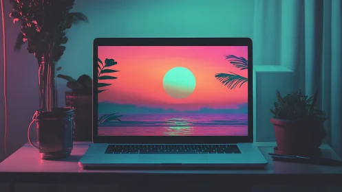 Laptop displays stylized sunset scene on desk at night