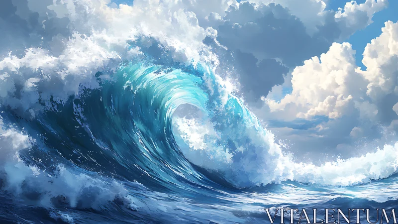 Towering turquoise wave curls beneath luminous clouds.