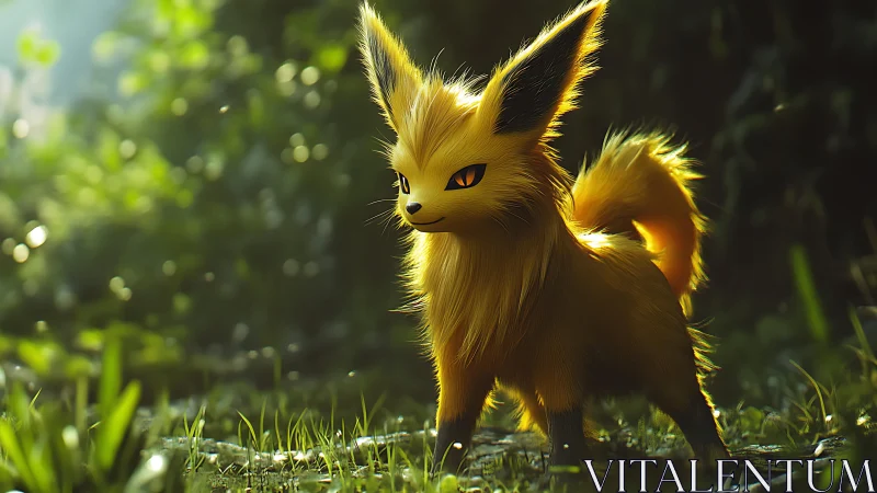 Volumetric-lit foxlike creature in hyperreal forest render.