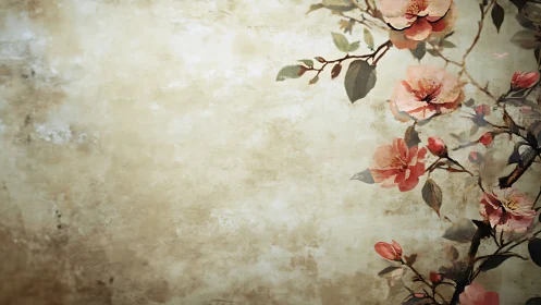 Delicate cherry blossoms adorn a softly aged wall.