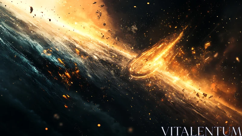 Fiery asteroid impact tears across a dark alien surface.