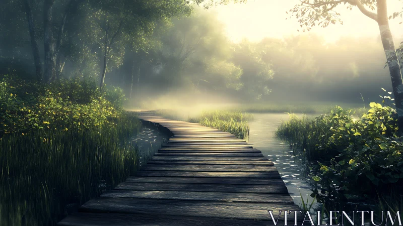 Curved wooden boardwalk crosses misty wetland forest