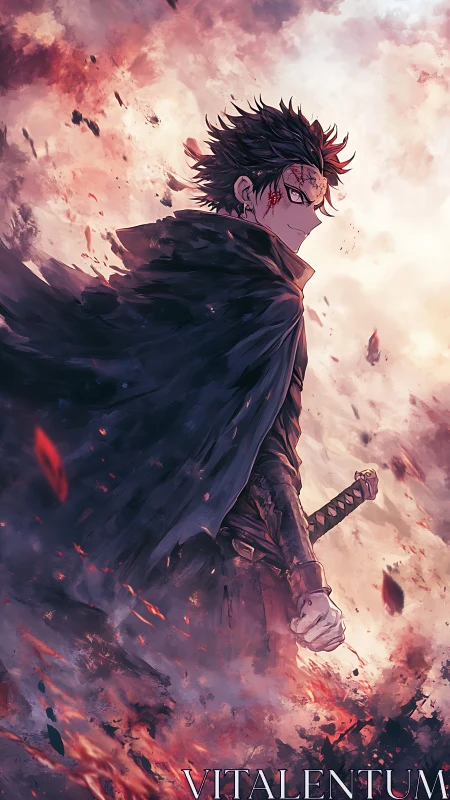 Scarred duskblade strides through embers and stormlight.