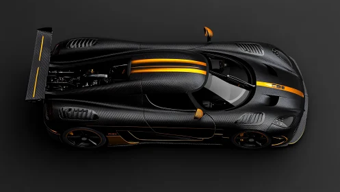 Top-down view of black carbon sports car with orange accents.