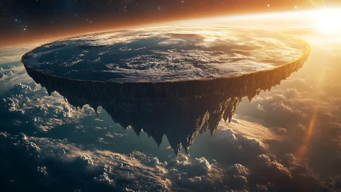 Floating flat earth continent above clouds at sunrise.