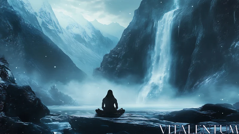 Peaceful meditation by a misty mountain waterfall at dawn.