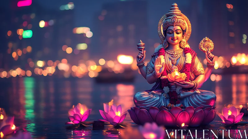 Neon waterfront goddess on lotus throne blessing nightscape.