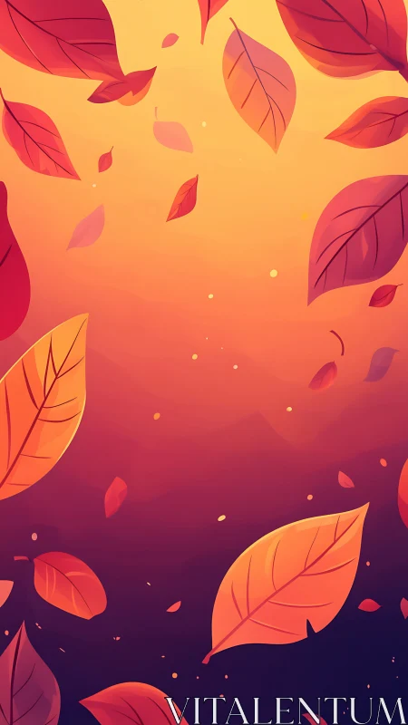 Golden dusk leaves drift through a glowing autumn sky.