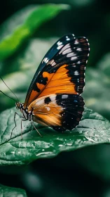 Vivid monarch-like butterfly resting on glossy green leaf.