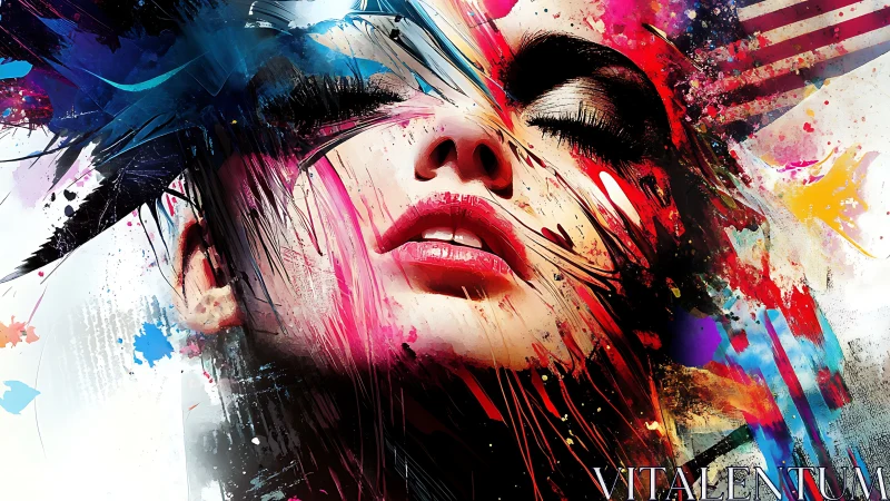 Abstract portrait with dynamic chromatic splatter over face