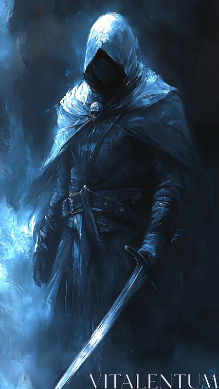 Hooded swordsman stands in blue-tinted atmospheric darkness