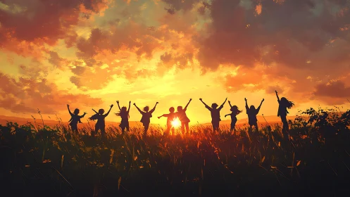Silhouetted friends celebrate sunset in glowing summer field.