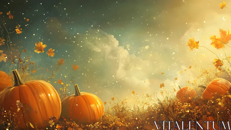 Luminous autumn pumpkins under star-dusted atmospheric sky.