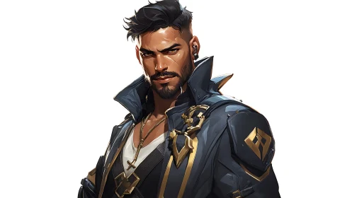 Futuristic rogue commander in navy armor with gold trim.