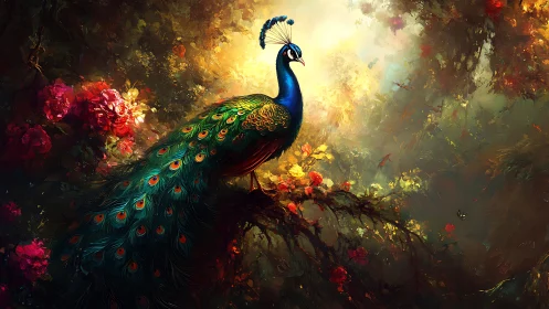 Chromatic peafowl on luminescent forest bough, high saturation.