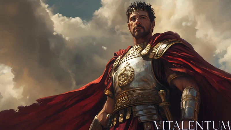 Roman general in ornate armor under dramatic sky.