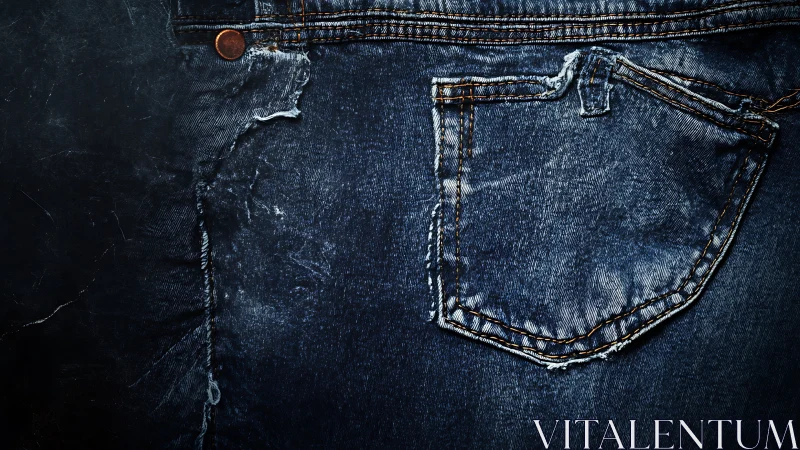 Distressed Denim Pocket Detail: Tonal Texture and Weathered Stitching Analysis.