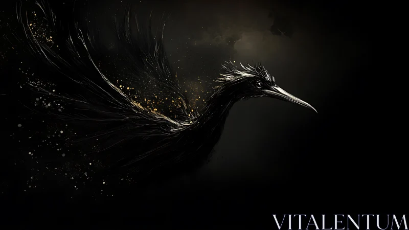 Midnight phoenix heron in streaming gold-lit plumage.