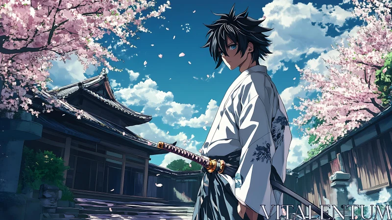 Samurai youth under cherry blossoms in temple courtyard.