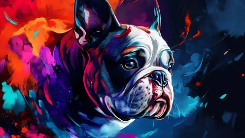 Vibrant bulldog portrait amid explosive neon brushstrokes.