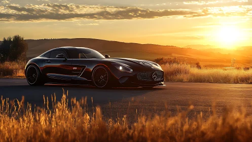 Black Mercedes sports car parked on rural road at sunset.