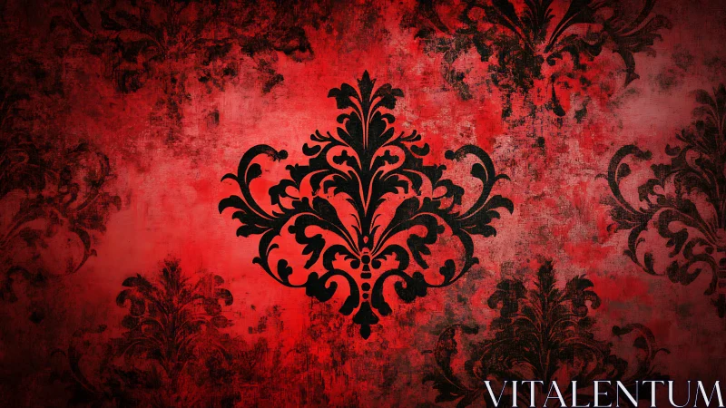 Black damask motif centered on distressed red background