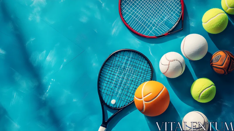 Sports rackets and assorted balls on bright blue court