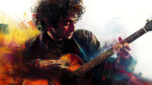 Expressive digital portrait of guitarist in vibrant colors.