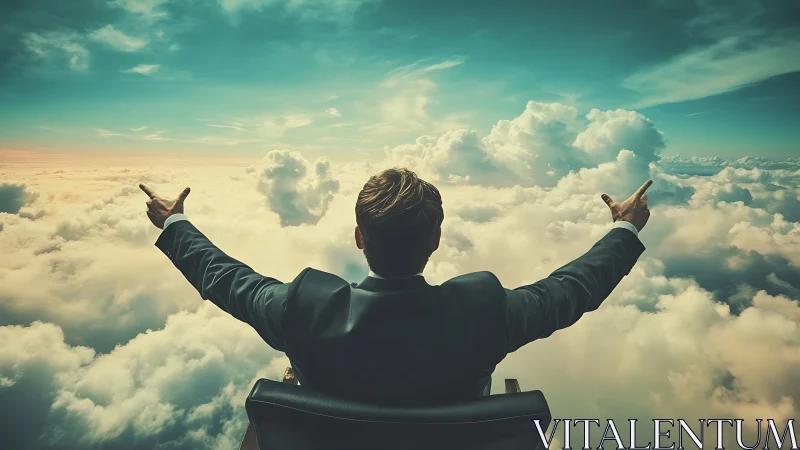 Business professional celebrating success above clouds.