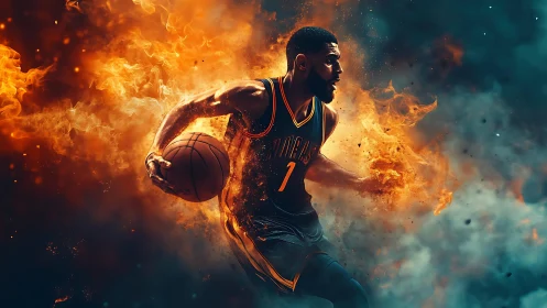 Fiery basketball drive through swirling smoke and sparks.