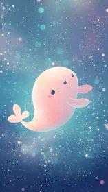 Cute pastel whale floats through glowing cosmic water