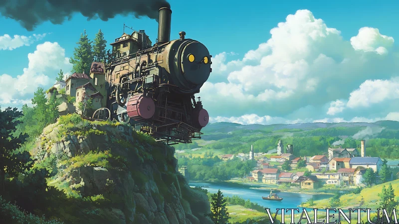 Steam train house suspended above riverside village.