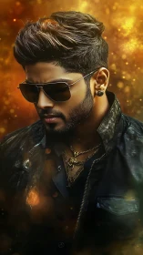 Cinematic male portrait with rim lighting, bokeh and metallic accents