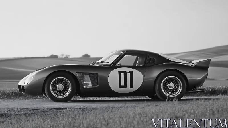 Monochrome profile study of vintage race coupe aerodynamics.