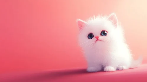 Ethereal White Kitten with Large Eyes Against Gradient Background