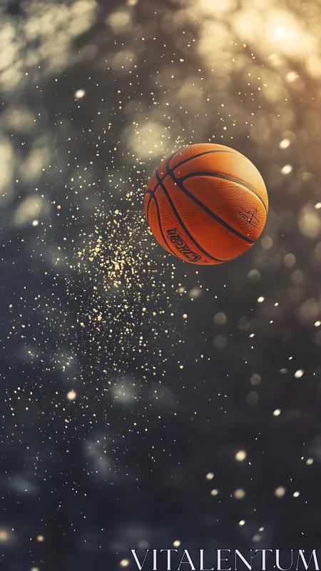 Basketball suspended midair with cinematic bokeh particles glow