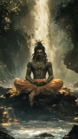Serene forest deity meditates beneath a roaring waterfall.