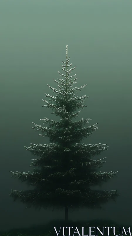 Photorealistic solitary fir tree in atmospheric fog field.