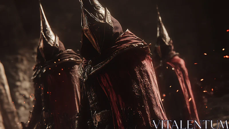 Dark-robed sentinels stride through glowing embers together