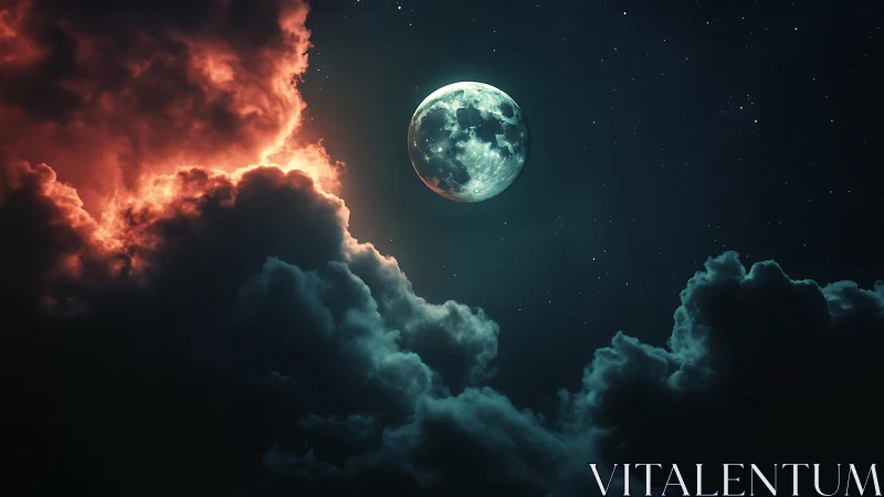 Full moon over contrasting red and blue illuminated clouds.