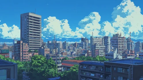 Summer urban skyline under towering cumulus clouds at noon.