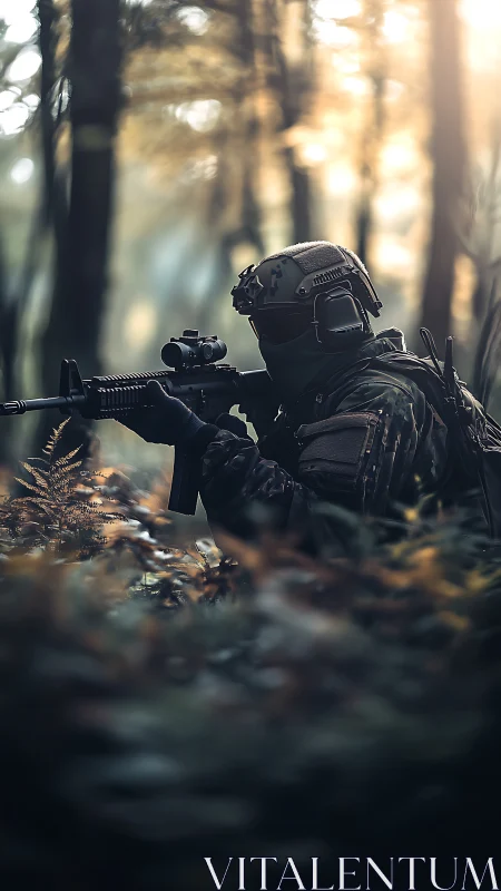 Photorealistic tactical sniper in misted woodland bokeh field.