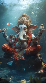 Underwater depiction of Ganesha statue amid drifting petals.