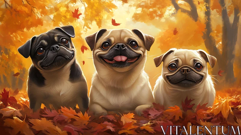 Digital painting of three pugs in warm autumn foliage focus.