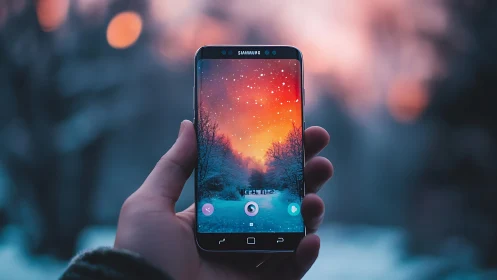 Samsung Galaxy Smartphone Displaying Winter Sunset Landscape