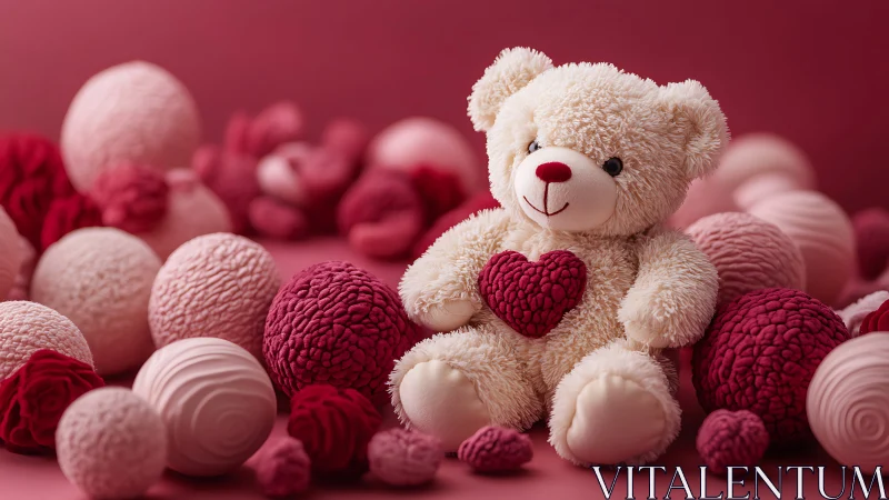 Plush teddy bear with heart amid pink sculpted spheres.
