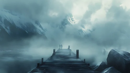 Frozen pier leading into misty snow mountainscape.