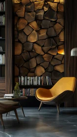 Honeyed lounge chair converses softly with a stone spine wall