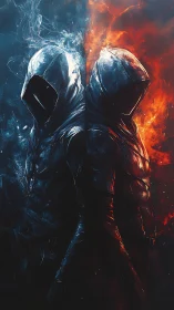 Twin hooded warriors divided by elemental fire and ice.