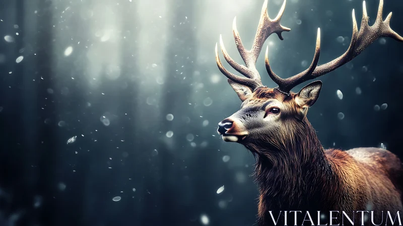 Gentle stag beneath falling snow in a softly lit forest.